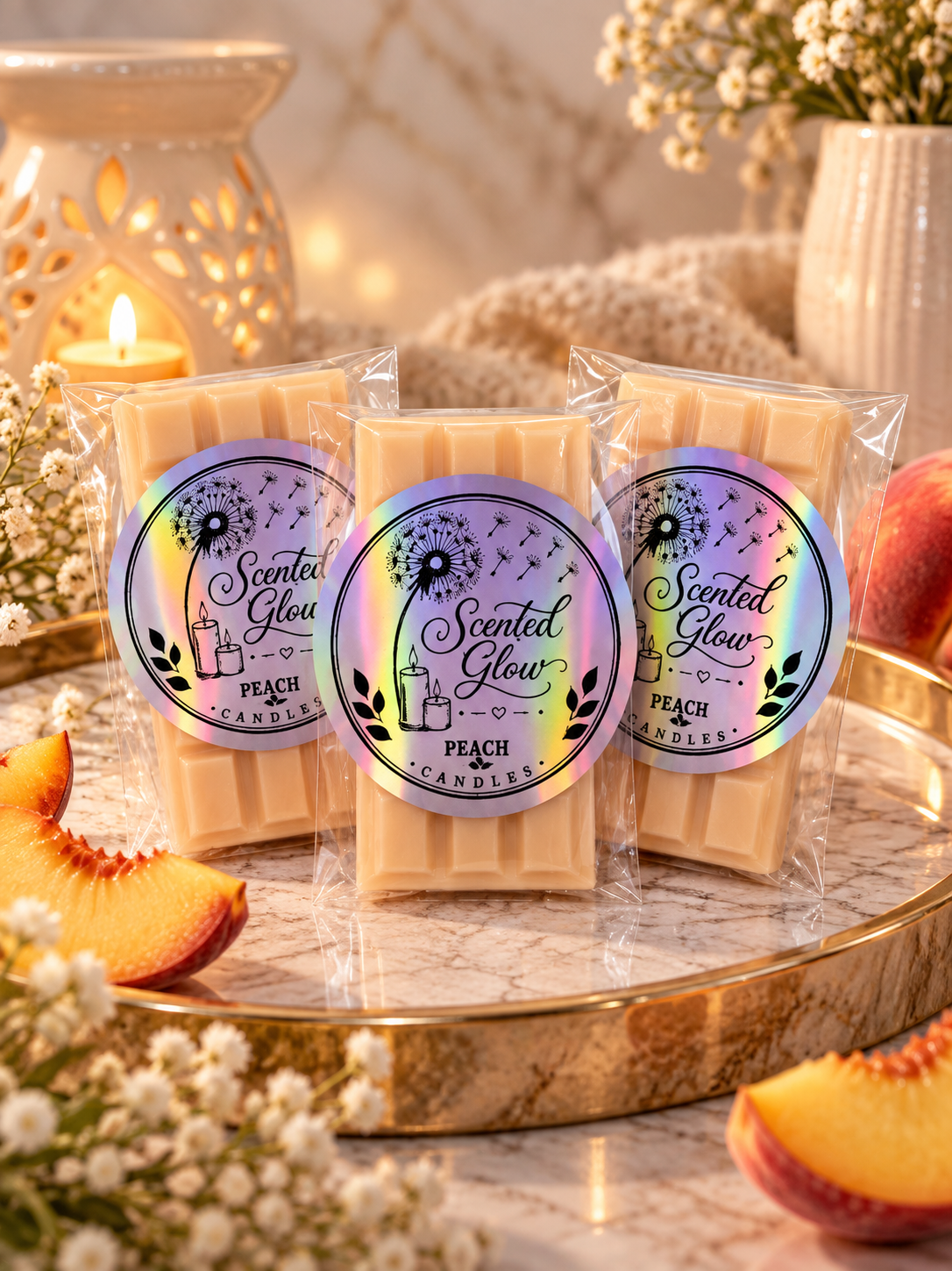 Peach Wax Melts. Juicy Ripe Peach Soft Sweetness Fresh Fruity Notes Scented Soy Wax Melts for Bright Cheerful Cosy Home Fragrance