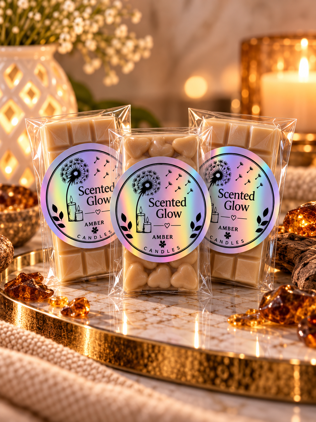 Amber Glow Wax Melts - Warm Rich Amber & Soft Vanilla Notes for Luxurious Cosy Home Fragrance Scented Glow Candles