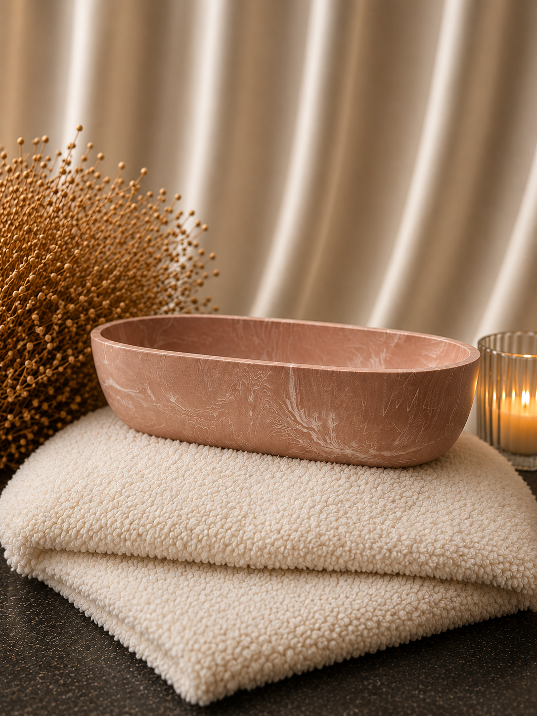 Stunning Long Oval Acrylic Gypsum Pot in Soft Blush with White Accents Handmade Decorative Piece for Home Décor
