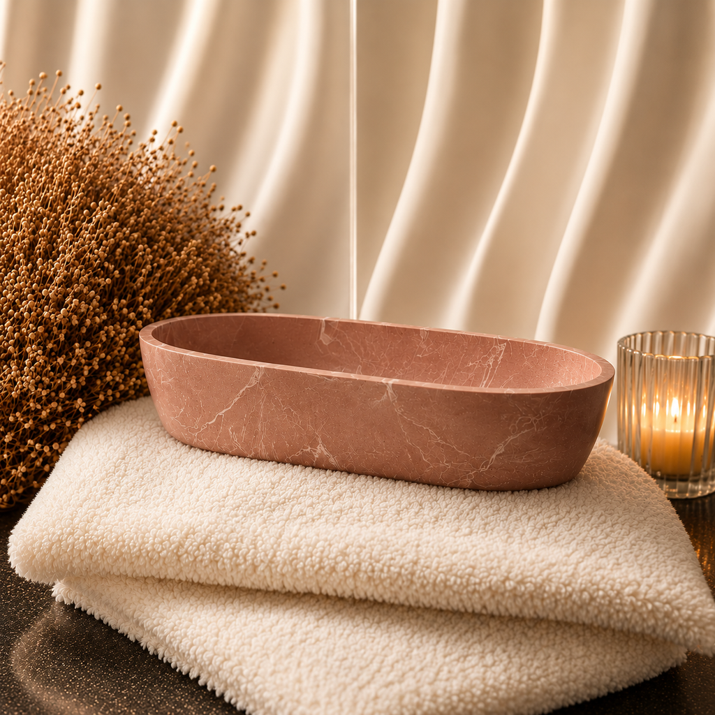 Stunning Long Oval Acrylic Gypsum Pot in Soft Blush with White Accents Handmade Decorative Piece for Home Décor