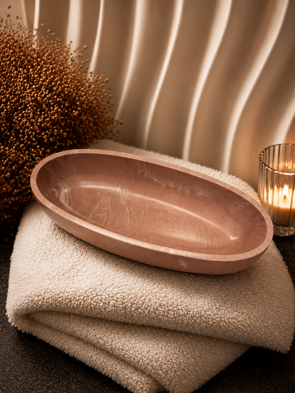 Stunning Long Oval Acrylic Gypsum Pot in Soft Blush with White Accents Handmade Decorative Piece for Home Décor
