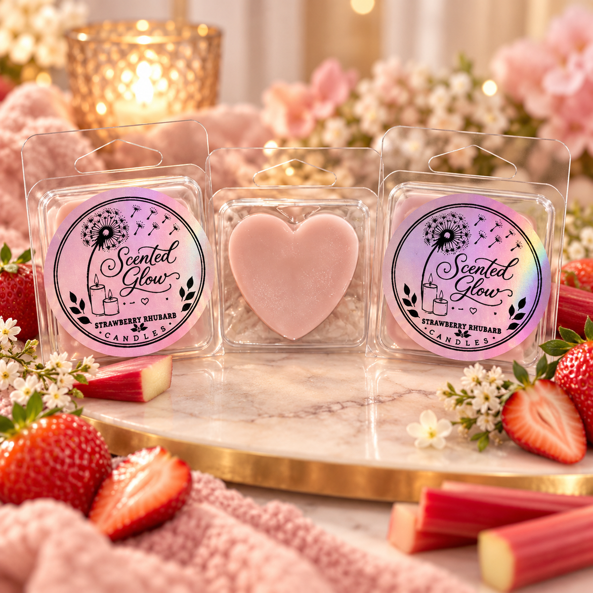Scented Glow Candles Strawberry & Rhubarb Heart-Shaped Clamshell Wax Melt - Sweet Fruity Fragrance for Home Aroma