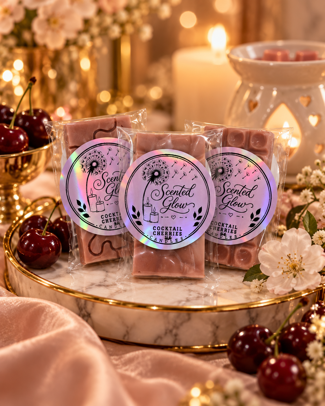 Cocktail Cherries Wax Melts Sweet Maraschino Cherry Sugared Syrup Juicy Fruity Notes for Rich Indulgent Home Fragrance Scented Glow Candles