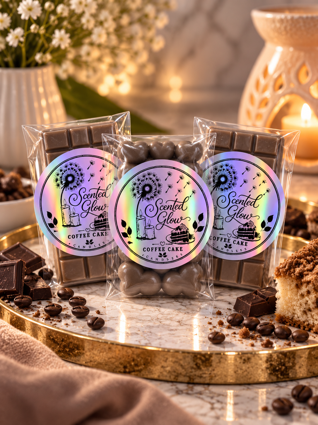 Coffee Cake Wax Melts. Rich Fresh Coffee, Sweet Vanilla Sponge & Warm Bakery Notes, makes for a Deliciously Cosy Home Fragrance
