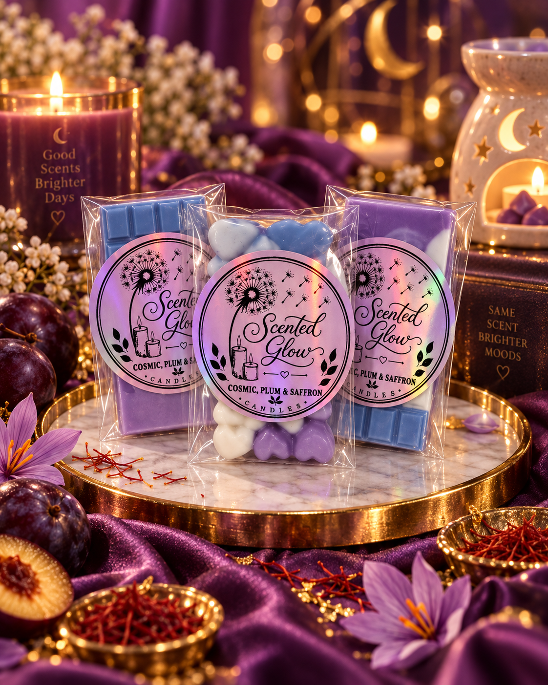 Cosmic Plum & Saffron Wax Melts Rich Dark Plum Warm Saffron Velvet Woods for a Deep Luxurious Home Fragrance