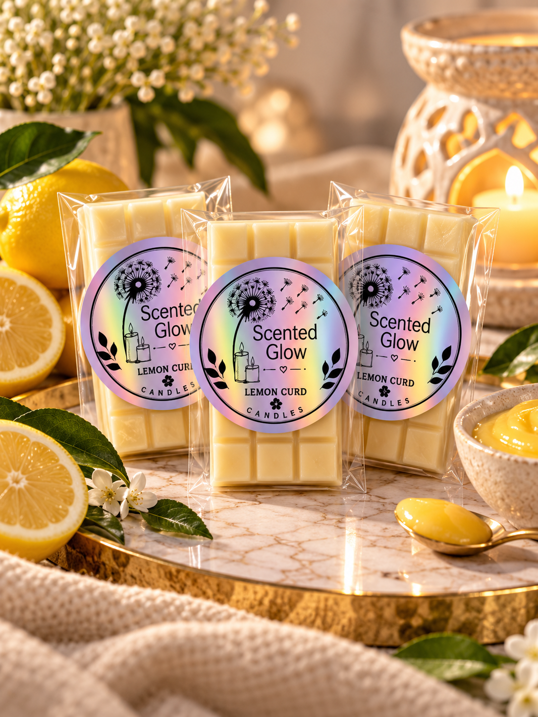 Scented Glow Lemon Curd Soy Wax Melts Sweet Zesty Home Fragrance Bright Uplifting Citrus Aroma Fresh Warm Inviting