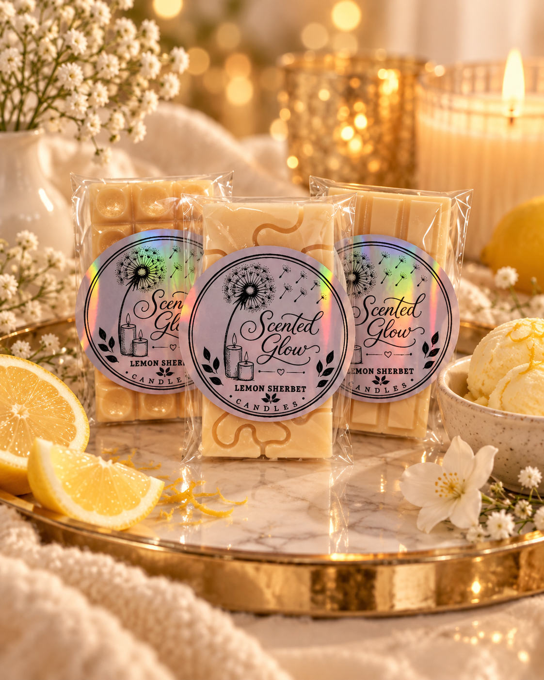 Lemon Sherbet Wax Melts. Fizzy Citrus Lemon Sweet Sugar Tangy Sherbet Scented Soy Wax for Bright Fresh Uplifting Home Fragrance.