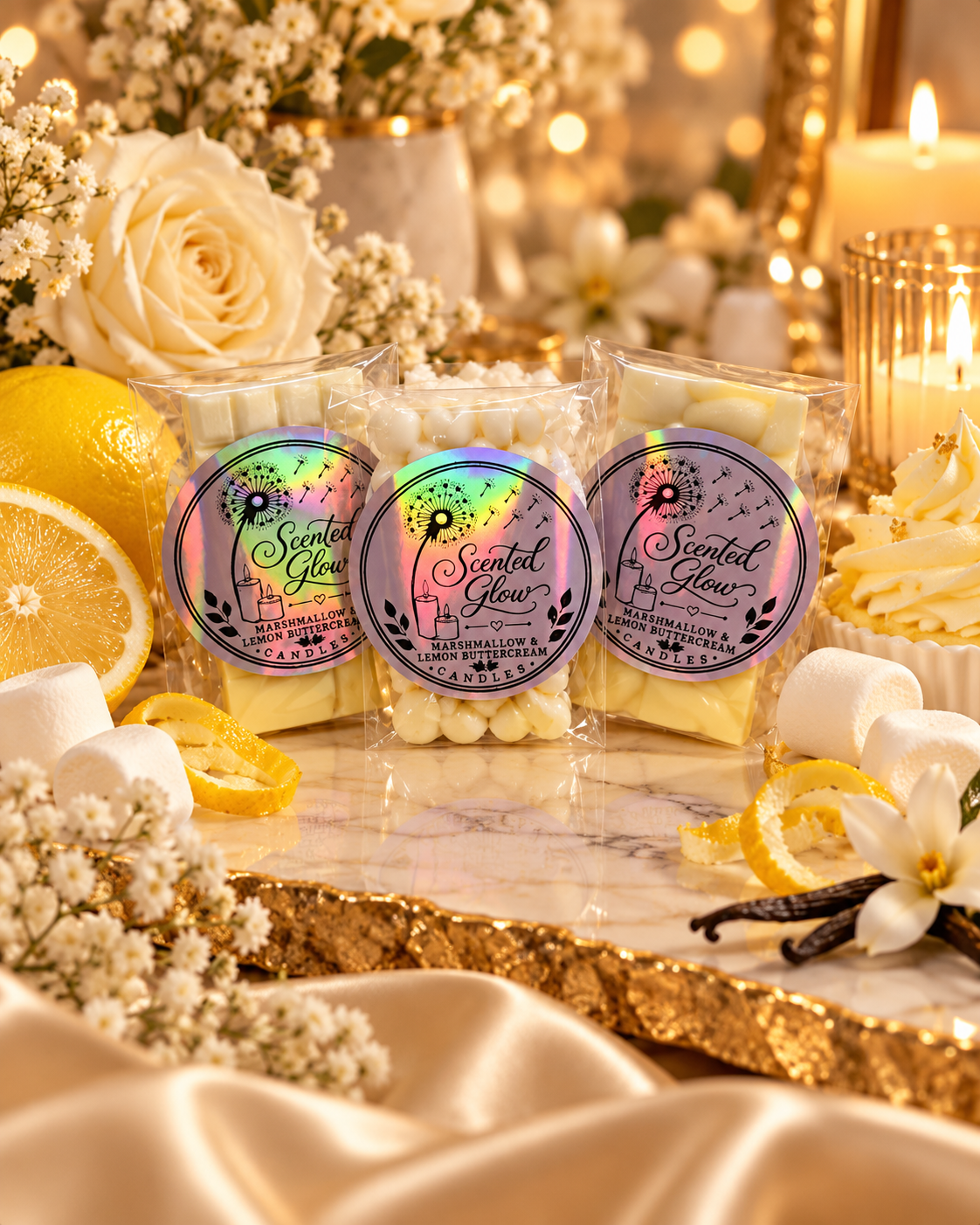 Scented Glow Candles Marshmallow & Lemon Buttercream Wax Melts - Soft Sugary Notes with Bright Citrus Twist for a Comforting Fragrance
