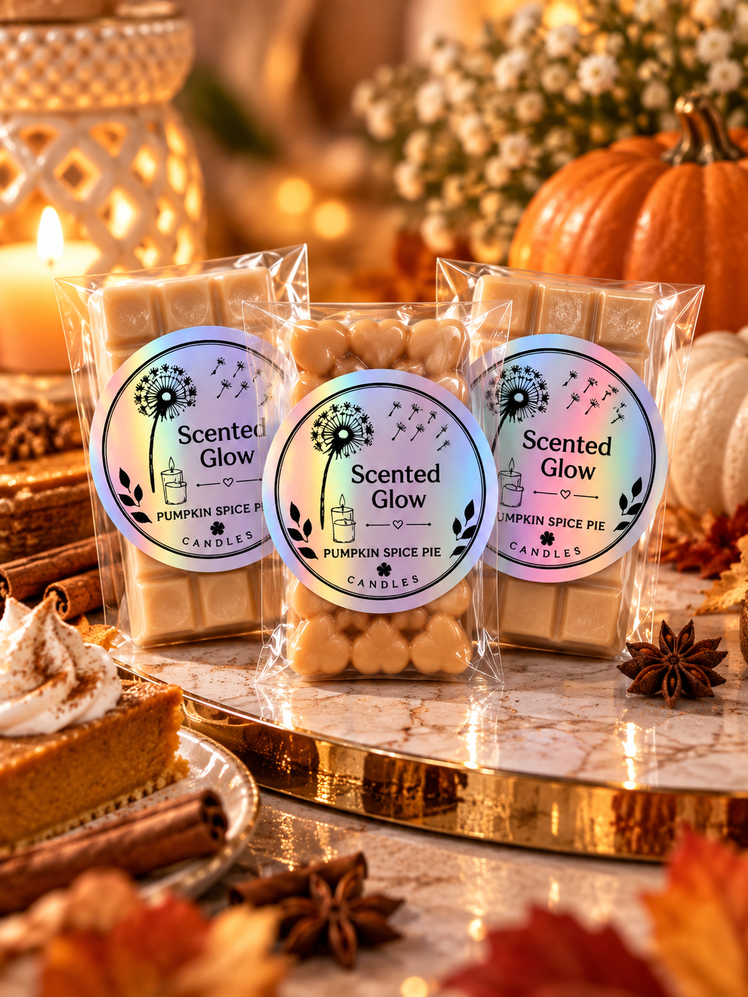 Scented Glow Pumpkin Spice Pie Wax Melts - Hand-Poured Soy Wax for Cozy Evenings & Relaxing at Home - Sweet Pumpkin & Vanilla Fragrance