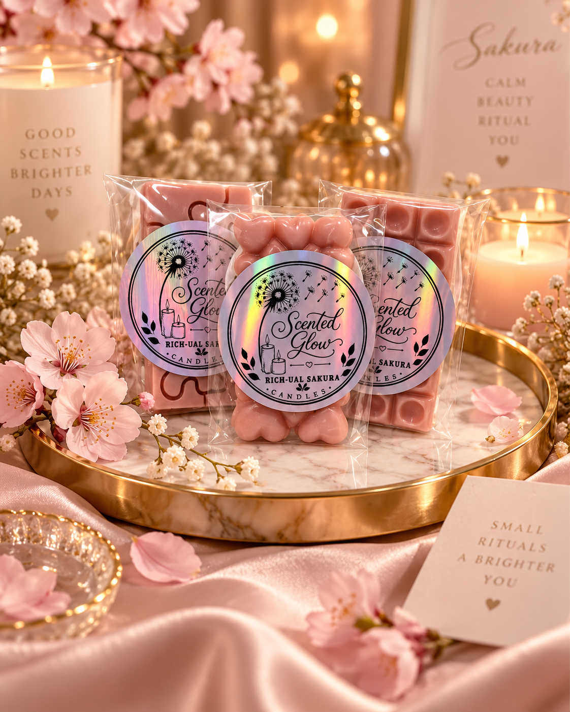 Rich-ual Sakura Wax Melts - Hand-Poured Soy Wax for a Fresh Calming Floral Scent Ideal for Relaxing Evenings and Self-Care Moments