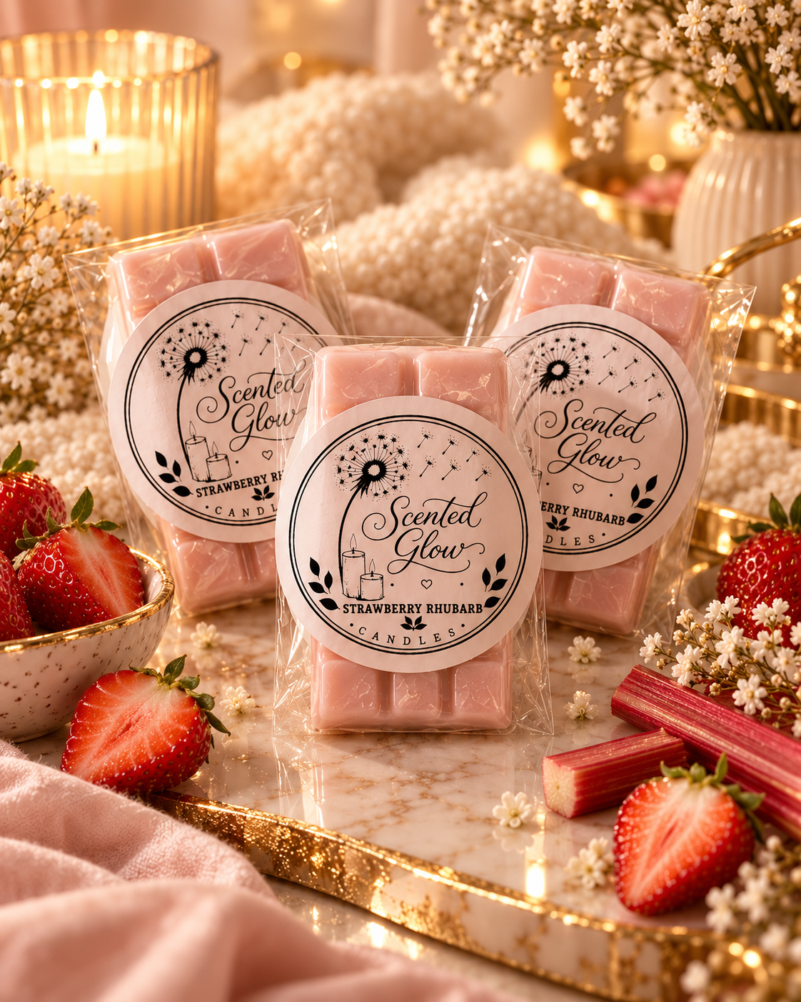 Scented Glow Strawberry Rhubarb Wax Melts - Fragrance for Home - Sweet Strawberry & Tangy Rhubarb Scent