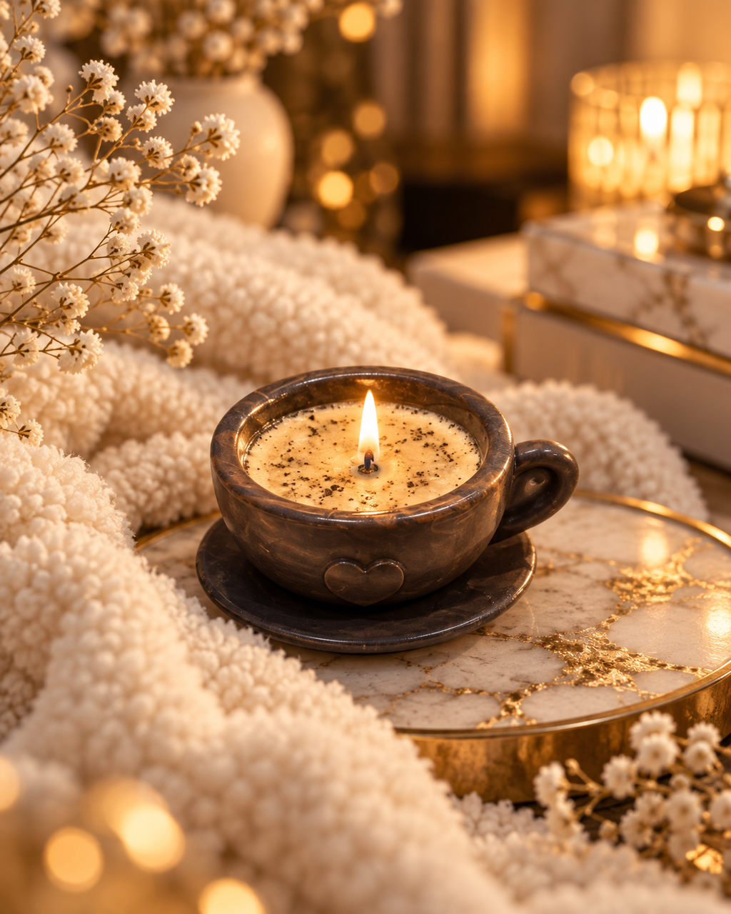 Gorgeous Grey and Gold Teacup Candle with Pistachio & Marzipan Cream Scent for Home Decor
